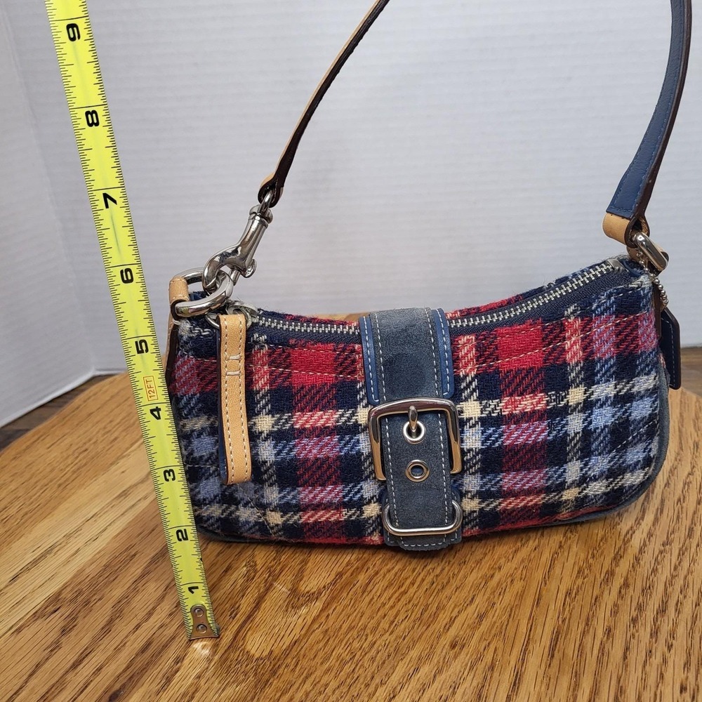 Coach Red and Navy Plaid Wool Satchel with Leather Trim - Picture 16 of 16